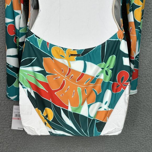 NWT Vince Camuto Tropical Long Sleeve Swimsuit Size 10 Open Back UPF‎ One Piece - Picture 9 of 15